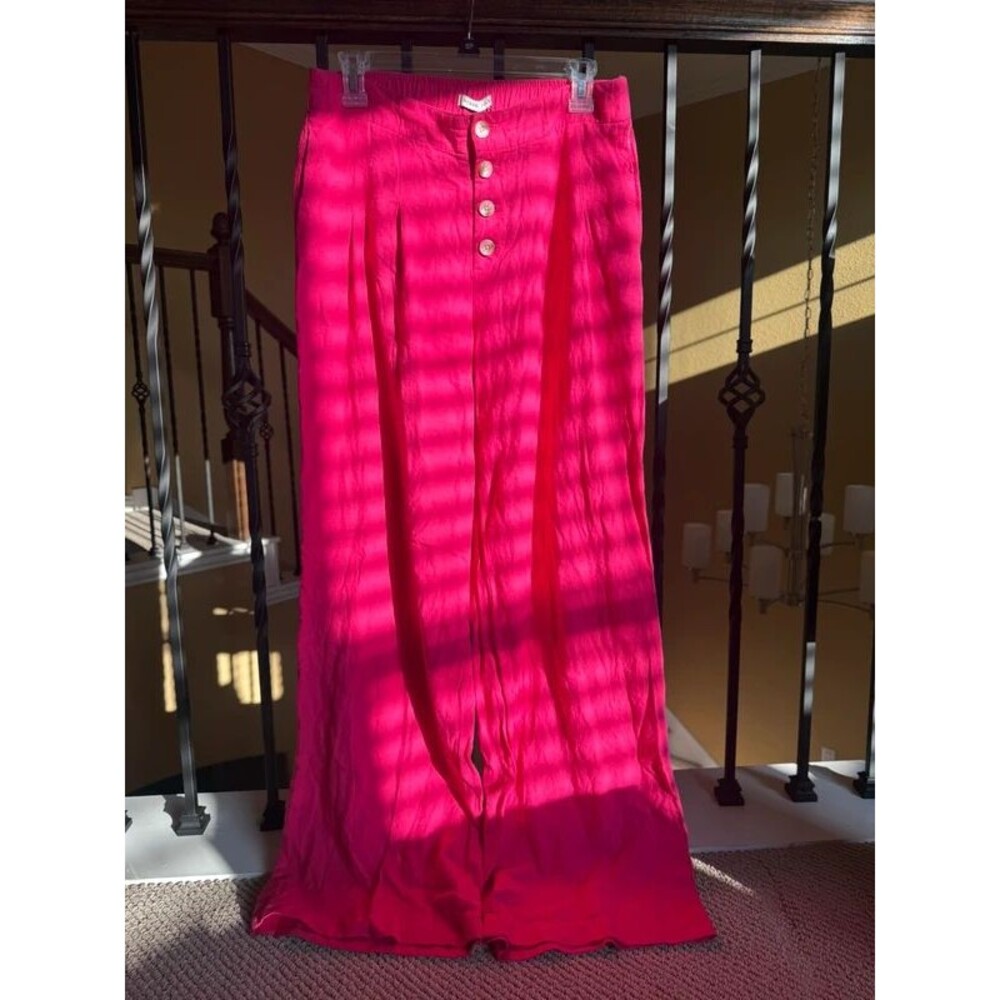 Sincerely Jules Hot Pink Linen-Blend Button-Fly Wide Leg Pants